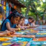 young-girls-in-a-public-space-paint-at-a-long-table-photo