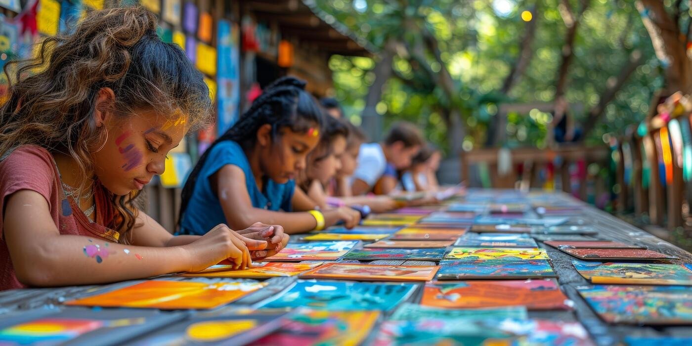 young-girls-in-a-public-space-paint-at-a-long-table-photo